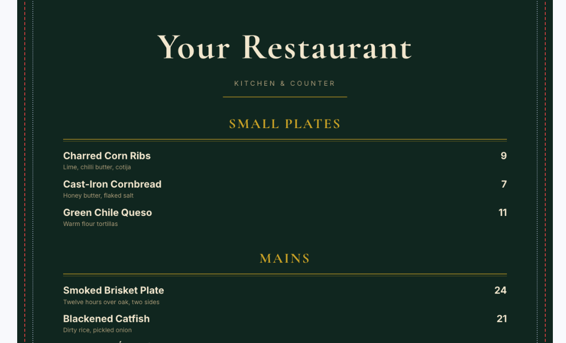 A dark green restaurant menu on the editor canvas at print size